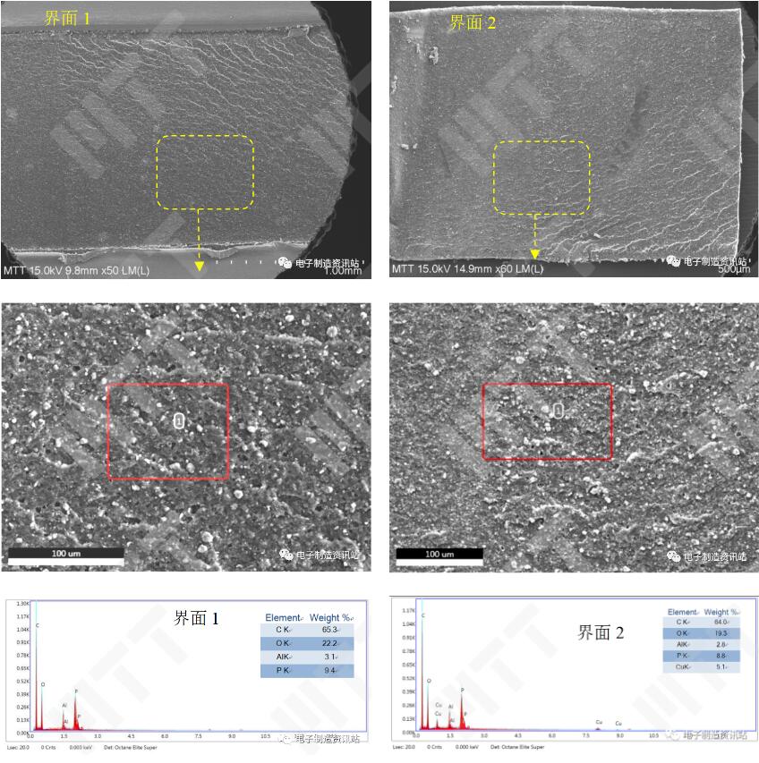 ok fpc半成品机械剥离后分离界面形貌观察及成分分析结果