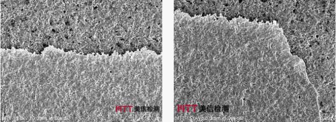 失效样品电极层边缘分层形貌