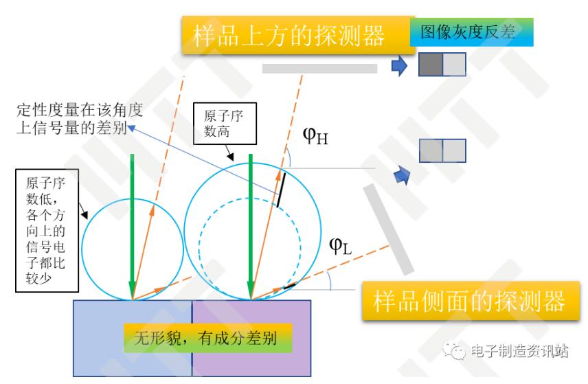 不同角度信号电子对成分衬度反映的示意图